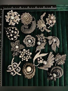 VTG Styles Rhinestone Pearl Brooch Lot 15 Gunmetal Dark Silver Black Tone Floral